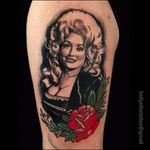 Dolly Parton Traditional Portrait Tattoo by Holly Ellis @Hollsballs1 #HollyEllis #IdleHandsSF #idlehandstattoo #Traditional #Black #Portrait #Portraittattoo #ladytattoo