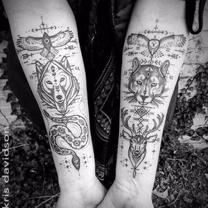Spirit animals tattoos by Kris Davidson #KrisDavidson #dotwork #sacred #stag #snake #wolf #puma #owl #crow #animal