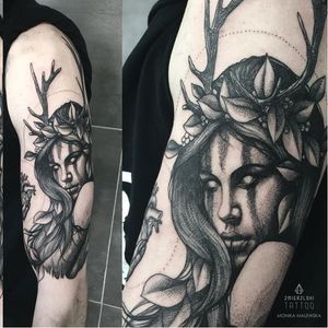 Sensual tattoo by Monika Malewska #MonikaMalewska #monochrome #priestess