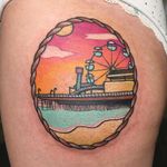 Coney Island tattoo by Meri #Meri #tattoosbymeri #newyorktattoo #color #traditional #newschool #mashup #landscape #beach #ConeyIsland #ferriswheel #amusementpark #fun #rollercoaster #rope