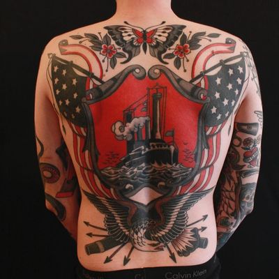 Ocean liner tattoo by Cris Cleen #CrisCleen #backpiecetattoos #color #traditional #ship #oceanliner #ocean #boat #eagle #wings #feathers #butterfly #flower #floral #leaves #americanflag #stars #cannon #arrows