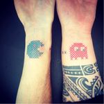 Matching Cross-stitch Pacman tattoo by Mariette #Mariette #crossstitch #pacman #matching #blueink #redink