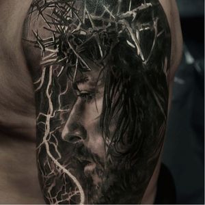Beautiful Black and Gray Jesus Lightning Tattoo #Lightning #LightningBolt #blackandgrey #Jesus