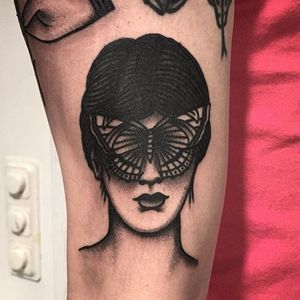 Butterfly Girl Tattoo by William Roos #butterflygirl #girl #butterfly #blackwork #blackink #traditionalblackwork #traditional #classicblackwork #WilliamRoos