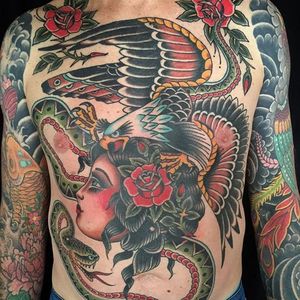 Traditional eagle and lady head with Japanese accents on the sleeves by Andrew Mcleod. Via Instagram peppermintjones #traditional #japanese #eagle #snake #ladyhead #peppermintjones #largescale