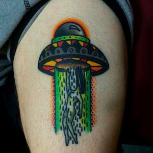 Alien abduction tattoo by Jon Larson @LarsonTattoos111 #JonLarson #LarsonTattoos #Neotraditional #Bright #Bold #Alien #UFO #Extraterrestrial