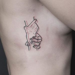 Overlay gripping hands tattoo by Nick Avgeris. #NickAvgeris #alternative #contemporary #overlay #hands