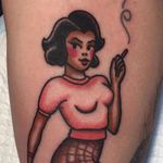 Audrey Horne, is that you? by Jaclyn Rehe (via IG-jaclynrehe) #americantraditional #pinup #audreyhorne #TwinPeaks #cigarette #color #JaclynRehe #ChapelTattoo