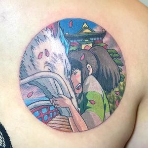 Haku and Chihiro tattoo by Kimberly Wall aka Bunny Machine #KimberlyWall #bunnymachine #studioghiblitattoo #color #newtraditional #anime #manga #movietattoo #spiritedaway #haku #chihiro #bathhouse #cherryblossoms