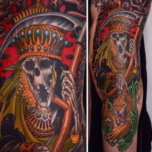 A king reaper and a leopard by Peter Lagergren (IG—peterlagergren). #traditional #reaper #leopard #PeterLagergren