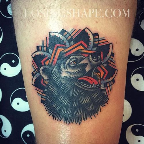 Bear by Tron (via IG-losingshape) #tron #EastRiverTattoo #traditional #dotwork #color