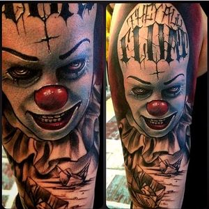 Wicked looking contemporary piece using various elements of the movie from Tribute Tattoo Parlour #Pennywise #IT #StephenKing #clown #reboot  #TimCurry #horror #realism #TributeTattooParlour
