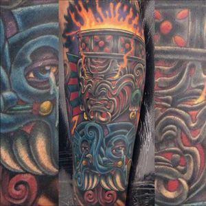 A sleeve featuring Huehueteotl and Tlaloc by Pedro Alvarez (IG—neoazteca). #Aztecgods #Huehueteotl #neoAzteca #PedroAlvarez #preHispanic
