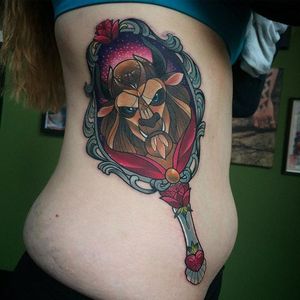 Beauty and the Beast tattoo by Charlotte Timmons. #beautyandthebeast #disney #fairytale #beast #mirror