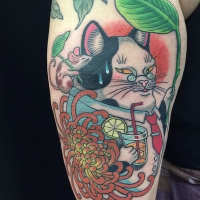 Japanese cat by Wendy Pham #WendyPham #color #japanese #cat #mouse #chrysanthemum #flower #tattoooftheday