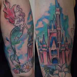 Ariel. #ElaFialho #tatuadorasdobrasil #coloridas #colorful #ariel #sereia #marmeid #castelo #castle #disney #nerd #filmes #movies #aquarela #watercolor