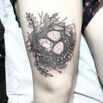 Nest tattoo by Anka Lavriv #AnkaLavriv #naturetattoos #linework #blackwork #fineline #dotwork #nest #eggs #babybird #bird #nature #berries #leaves #forest #animal #crystal #gem #tattoooftheday