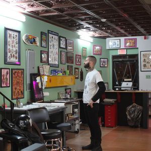 Art covers the walls. (photo by kd diamond) #ShopProfile #SpiritedTattooingCoalition #WestPhilly #Philly