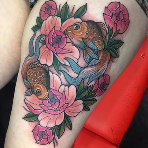 Fishes and flowers by Sadee Glover #SadeeGlover #color #newtraditional #neotraditional #color #fish #goldfish #peonies #flowers #leaves #tattoooftheday