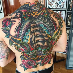 An epic nautical back-piece by Samuele Briganti (IG—samuelebriganti). #bold #bright #clipper #SamueleBriganti #traditional