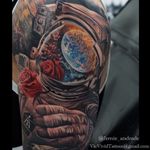 A surreal depiction of an astronaut drifting through space with a rose in hand by Vic Vivid (IG-vicvivid). #astronaut #color #realism #Roses #VicVivid