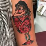 A mermaid basking in a glass of red wine by Sheila Marcello (IG—sheilamarcello). #mermaid #pinups #SheilaMarcello #traditional #wineglass