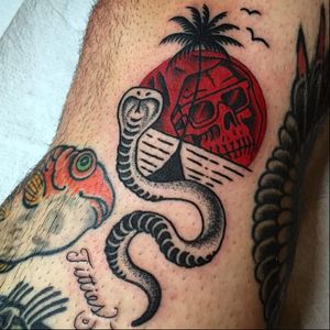 Snake sunset skull tattoo by Frankie Caraccioli #FrankieCaraccioli #paradise #death #skull #sunset #palmtree #snake