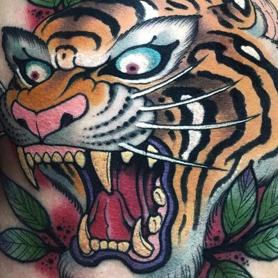 Tiger by Xam the Spaniard #XamtheSpaniard #traditional #neotraditional #color #tiger #roar #junglecat #leaves #fangs #tattoooftheday