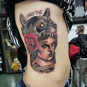 Wolf Cowl Tattoo by Toni Donaire #animalcowl #cowltattoo #wolfcowl #neotraditional #banner #wold #cowl #lady #woman #ToniDonaire