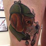 Detective beagle smoking a pipe while solving crime. Tattoo by Jayne Gow. #dog #beagle #neotraditional #detective #JayneGow