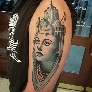 Neo traditional style architecture portrait tattoo by Jared Bent. #neotraditional #architecture #church  #architecturetattoo #churchtattoo #JaredBent