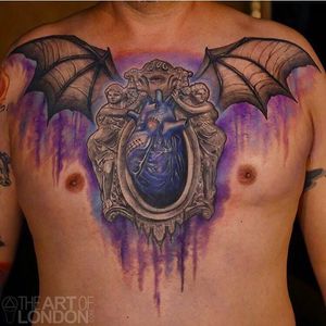 Awesome looking anatomical heart with wings. Tattoo by London Reese. #LondonReese #heart #chesttattoo #wingedheart #theartoflondon