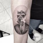 Pet portrait by Goldy Z #GoldyZ #blackandgrey #realism #realistic #illustrative #petportrait #pettattoo #dog #scottydog #suit #tie #portrait #tattoooftheday