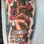 Tattoo by Guen Douglas #GuenDouglas #neotraditional #color #hand #rose #cherryblossoms #floral #flowers #leaves #banner #text #quote #font #script #fightlikeagirl #feminist #lady #hand
