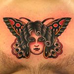 Butterfly woman, beautiful chest tattoo done by Zach Nelligan. #ZachNelligan #MainStayTattoo #traditionaltattoo #classic #butterflygirl #girl