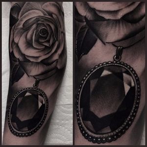 Black and grey hyperrealistic gem tattoo by Pete Belson. #blackandgrey #petethethief #PeteBelson #gem #hyperrealism #rose