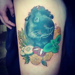 Guinea pig tattoo by Ashley Luka. #tomato #fruit #flower #cucumber #neotraditional #guineapig #AshleyLuka