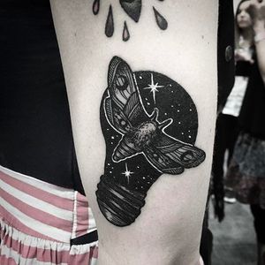 Starry Light Bulb and Moth Tattoo by Merry Morgan @Merry_tattooer #MerryMorgan #MerryTattooer #black #blackwork #blckwrk #starrytattoo #starrynight #blacktattooing #btattooing #BlackInc #lightbulb #moth