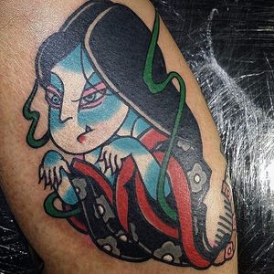 Traditional Japanese dead lady cartoon character tattoo by @Youngkillkim #HybridInk #YoungKillKim #Neotraditional #NeotraditionalTattoo #Cartoon #Cartooncharacters #Chibi #Cartoontattoo