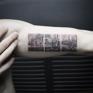 Perfect home landscape tattoo by Eva Krbdk #evakrbdk #landscapetattoo #blackandgrey #forest #cabin #house #architecture #trees #realism #realistic #tiny #details #watercolor #painterly #illustrative #tattoooftheday