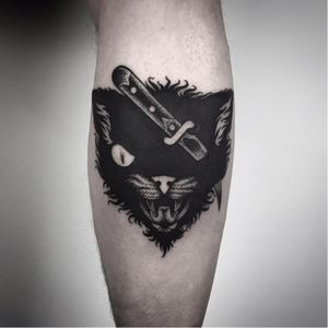 Black cat tattoo by Matteo Al Denti #MatteoAlDenti #blackwork #cat #blackcat #knife