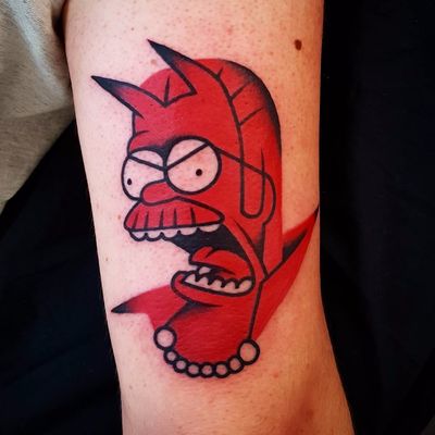 Angry Ned by Uve #Uve #Uvetattoo #red #newtraditional #NedFlanders #Simpsons #devil #demon #pearls #shape #linework #minimalist #tattoooftheday