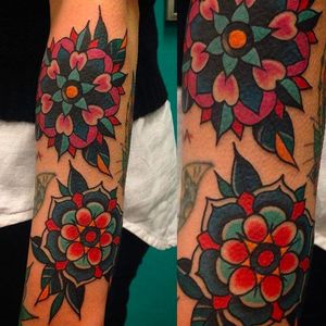 Bright and Bold Flower Mandala Sleeve Tattoo done at Well Done Tattoos #Bright #Bold #Flower #Mandala #Sleeve #WellDoneTattoos