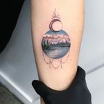 Eva Galapdede's (Instagram @evarkbdk) miniature color lanscapes accented by dot-work are utterly breathtaking. #color #dotwork #landscape #lake #miniature #moon #mountains #realism #trees