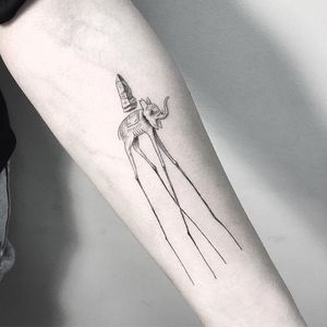 Salvador Dali elephant tattoo by Julia Shpadyreva. #JuliaShpadyreva #blackwork #fineline #salvadordali #elephant #surrealism
