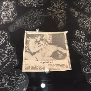 An old newspaper clipping featuring a little story about Cliff Raven. #artshow #CliffRaven #fireart #GrunwaldGallery #Indianahistory #IndianaUniversity #tattoohistory