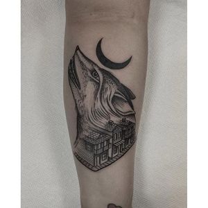 Conceptual architecture tattoo by Justin Olivier. #architecture #wolf #architecturetattoo #JustinOlivier #linework