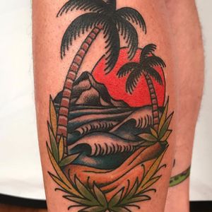 The Sun Also Rises by David Bruehl #DavidBruehl #traditional #color #sun #palmtree #tree #mountain #ocean #island #nature #landscape #tropical #tattoooftheday