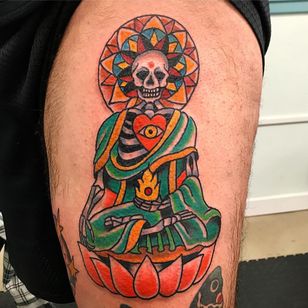 Death is not the end tattoo by Robert Ryan #RobertRyan #buddhisttattoos #traditional #color #buddha #portrait #fire #heart #thirdeye #mandala #lotus #skeleton #death #love #meditation