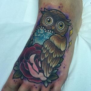 Cute owl foot tattoo by Isobel Juliet Stevenson. #cute #girly #bird #owl #heart #rose #flower #foottattoo #IsobelJulietStevenson